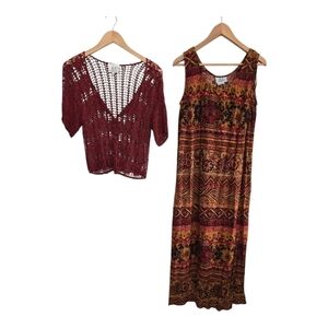 RJ Collection By Chelsea 2piece Set Maxi Dress Crochet Jacket Burnt Orange Y2k